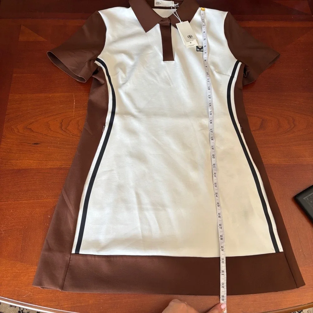 Tory Burch Neoprene Polo Golf Dress Snow White and Mocha Chip 161375 Size L NWT